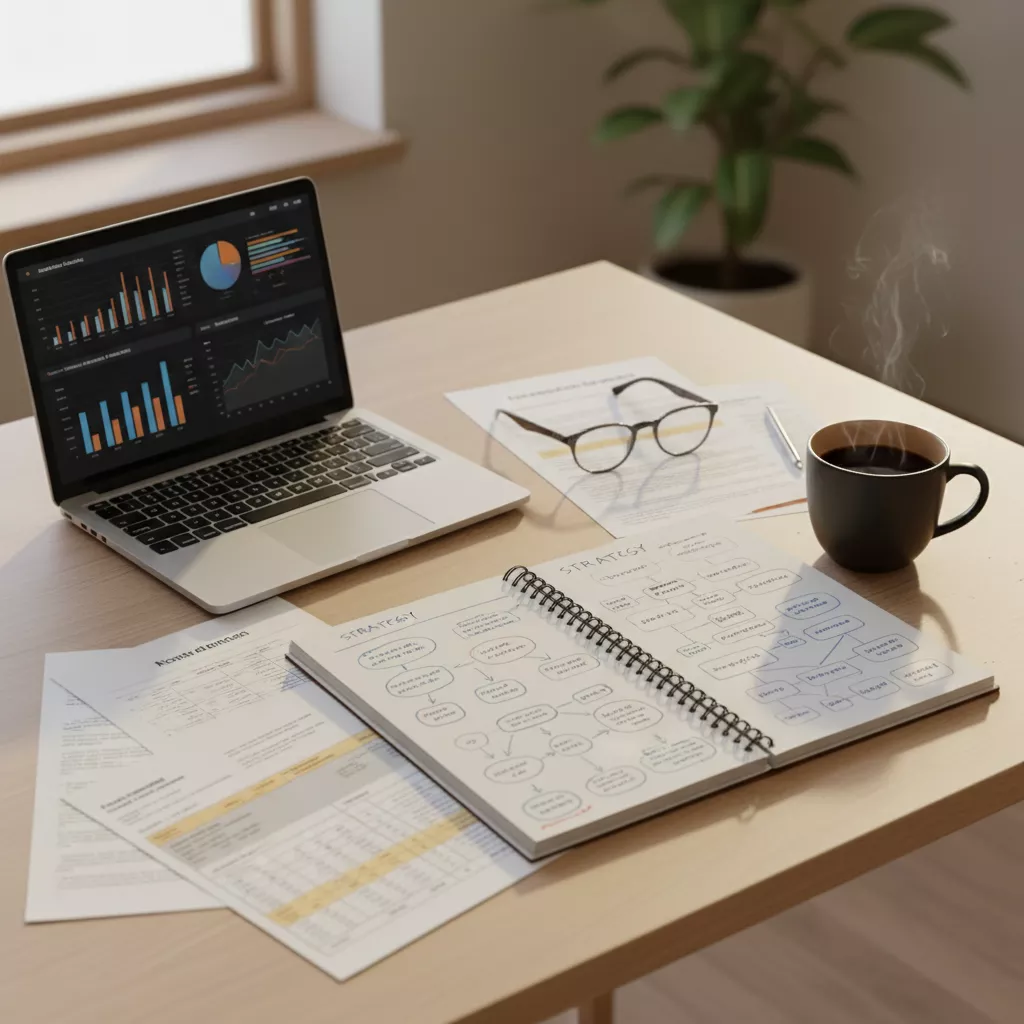 Research notes, data analysis, and strategy documents on a desk — the research-first work behind every Cascade engagement