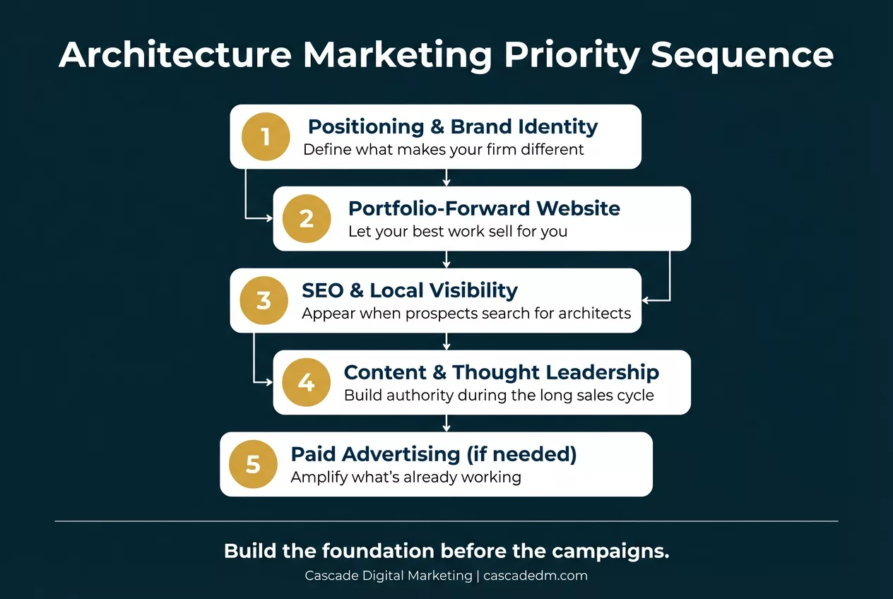 Architecture Marketing Priority Sequence — 5 steps from positioning and brand identity through paid advertising
