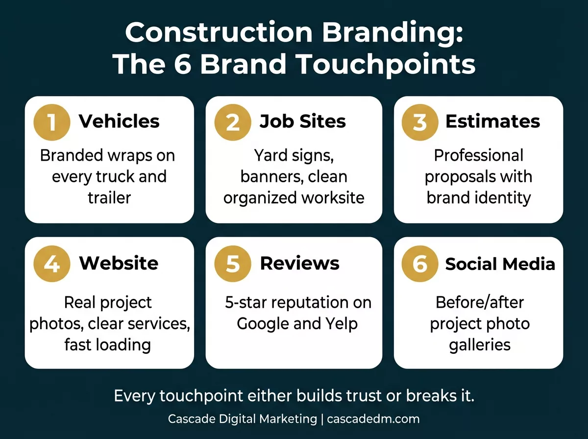 Construction Branding: The 6 Brand Touchpoints — showing how branding applies across vehicles, job sites, estimates, website, reviews, and social media