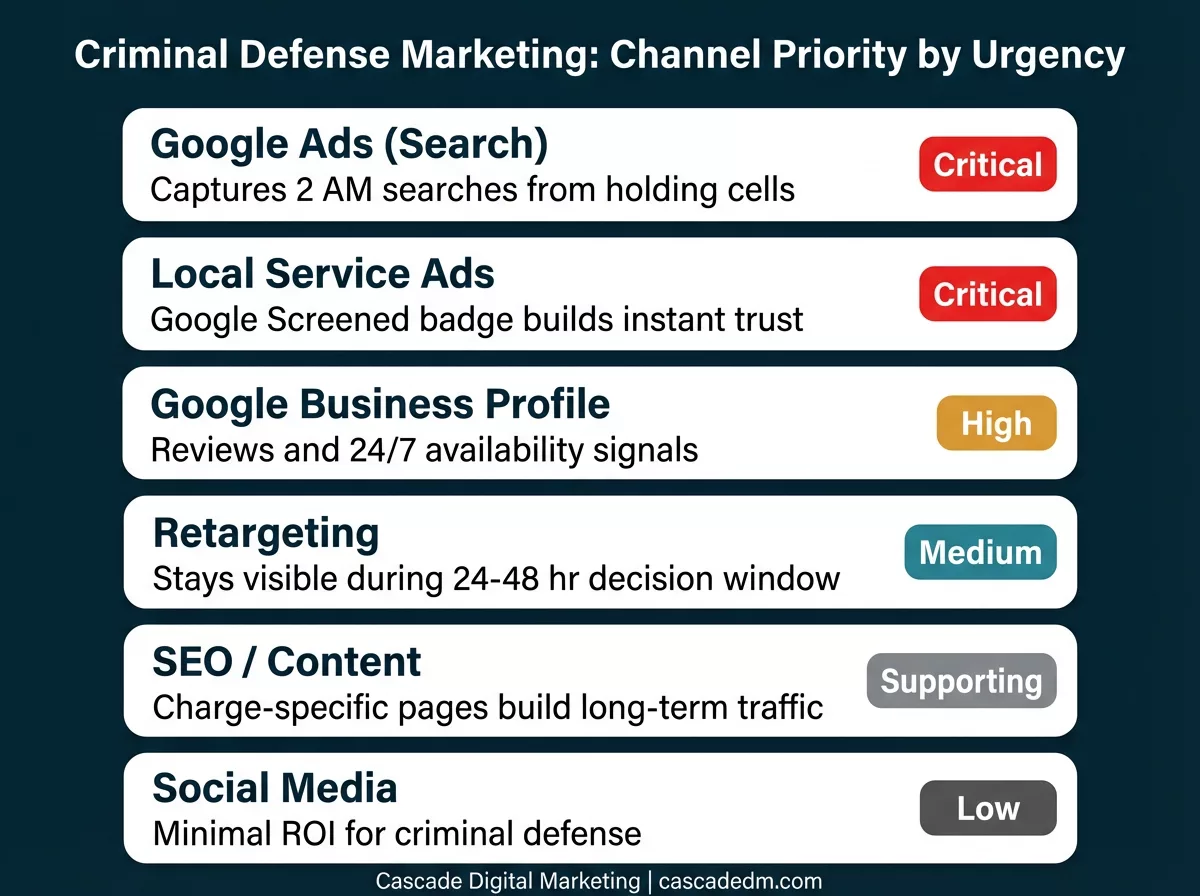 Criminal Defense Marketing: Channel Priority by Urgency -- comparing Google Ads, LSAs, SEO, and retargeting for criminal defense firms