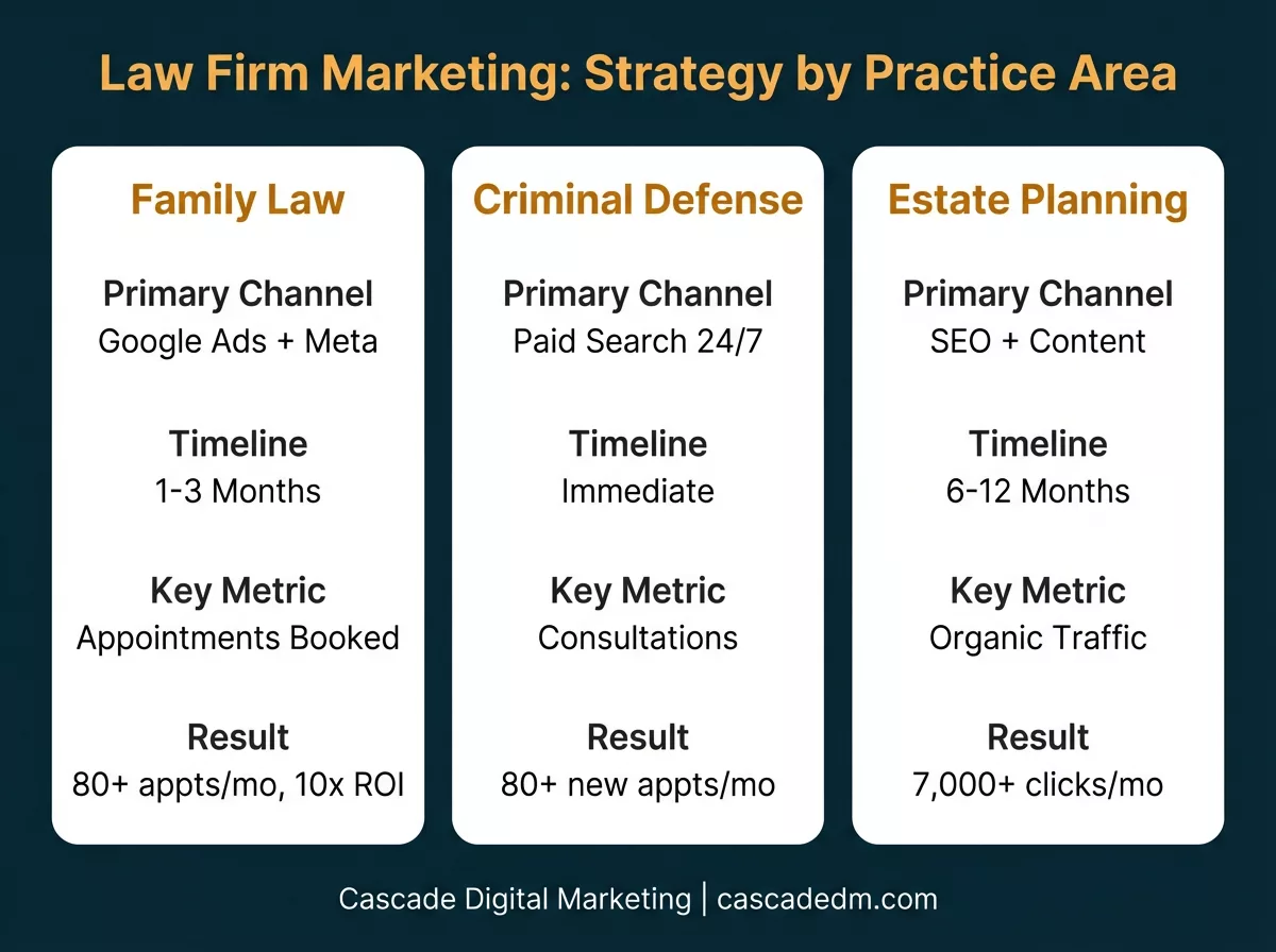 Law Firm Marketing: Strategy by Practice Area — comparing channels, timelines, and results for Family Law, Criminal Defense, and Estate Planning