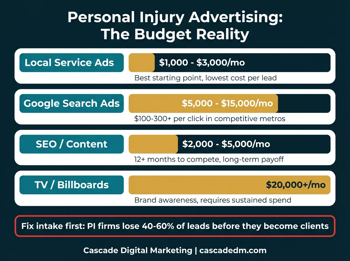 Personal Injury Advertising: The Budget Reality — showing minimum viable spend across Google Ads, LSAs, SEO, and mass media for PI firms